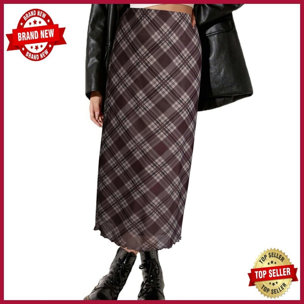 High Waisted Midi Skirt Mesh Flowy Plaid X-Large - Picture 1 of 8